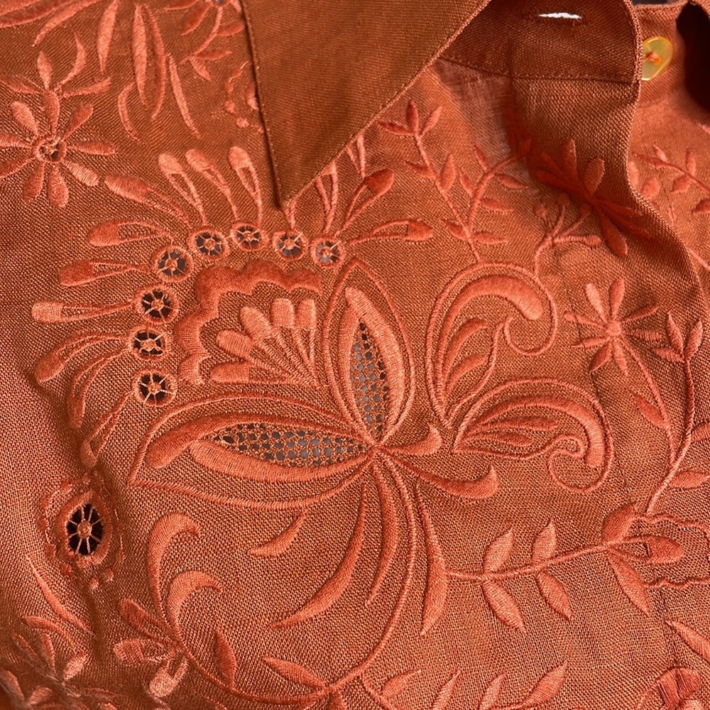 Lafayette 148 Coral Embroidered Button Front Belted Linen Blouse Size 4 Petite - Picture 4 of 12